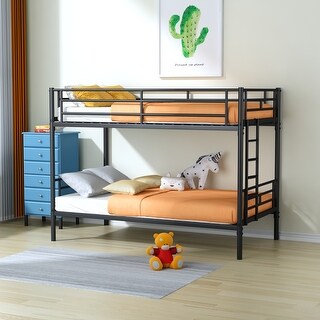 Compact Twin over Twin Metal Bunk Bed with Diamond-Shaped Rungs, Guardrails, and Storage Space
