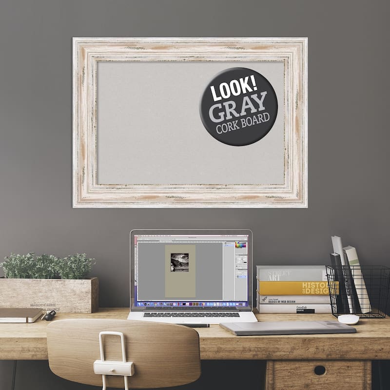 Framed Grey Cork Board, Alexandria White Wash