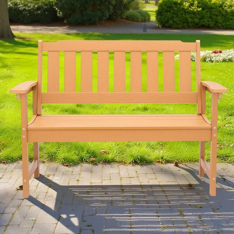 Natural Curved Design Weatherproof Garden Bench with Slatted Seat and Armrests for Comfortable Seating - 50.5” x 24.4” x 36.6”