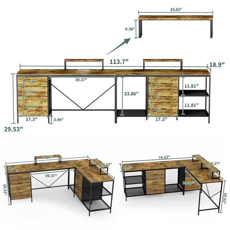 Industrial L-Shaped Desk with Power Outlets, 6 Fabric Drawers & 3 Shelves, Large Corner Office Gaming Desk