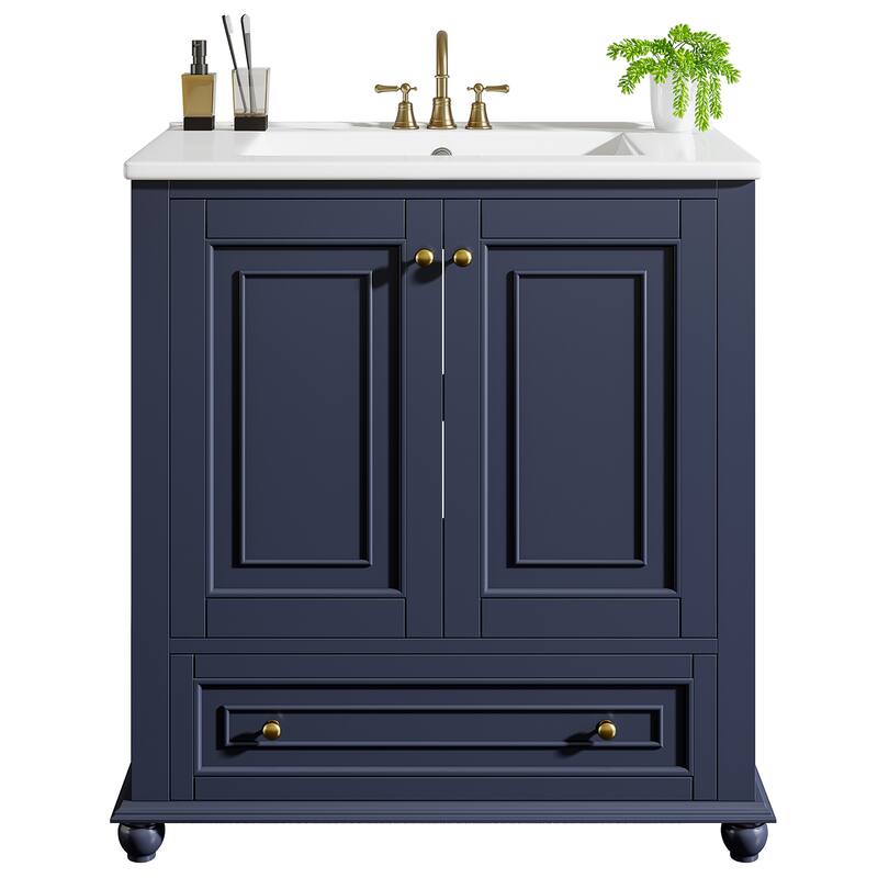 Modern Freestanding Solid Wood Bathroom Vanity with Ceramic Sink, Adjustable Shelf Storage