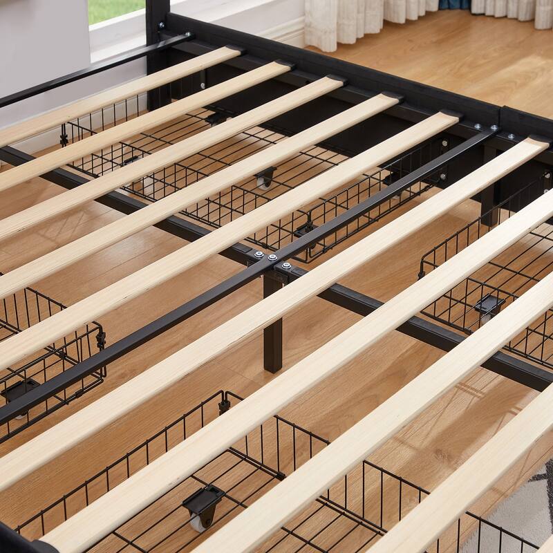 Black Bed Frame with 4 Storage Drawers, Upholstered Platform Bed Frame with Adjustable Headboard