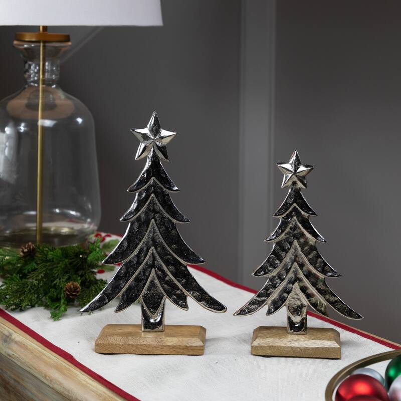 Pine Trees Textured Metal Christmas Tabletop Decorations - 11" - Set of 2