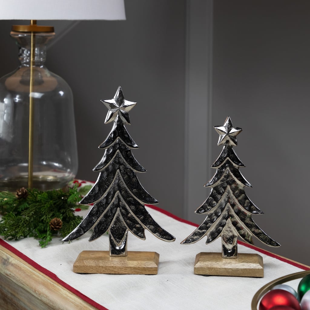 Pine Trees Textured Metal Christmas Tabletop Decorations - 11" - Set of 2
