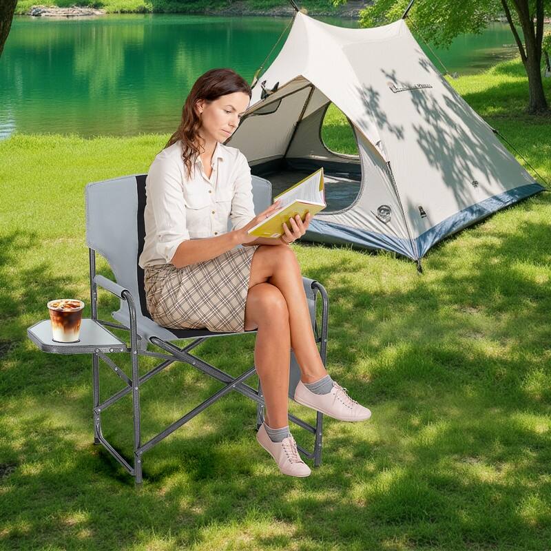 Aluminum Foldable Director Chair with Side Table & Storage Pocket, Lightweight Camping Chair with Sturdy Armrests for Camping