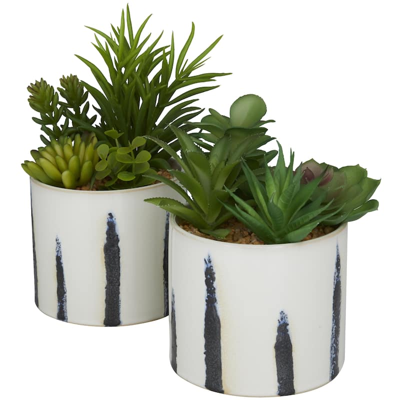 Green Faux Foliage Succulents Artificial Plant with Realistic Leaves and Patterned Porcelain Pot (Set of 4 or 2)