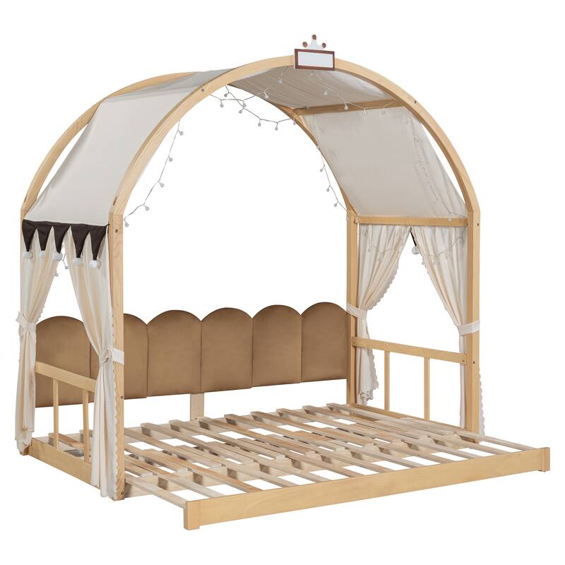 Wood Twin Size Bed Frame with Arched Roof, Floor Bed with Light and Curtain, Pull-out Kids Bed for Girls Boys Bedroom