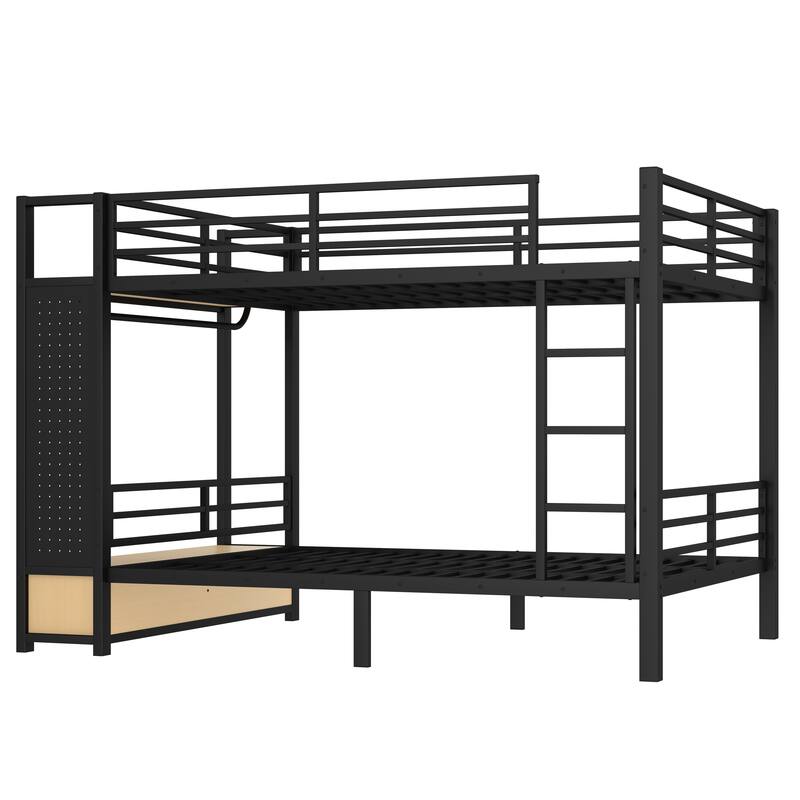 Storage Bunk Bed with Shelves, Wardrobe, 2 Drawers and Pegboard, Heavy Duty Metal Bunk Bed Frame, Noise Free, No Box Spring Need