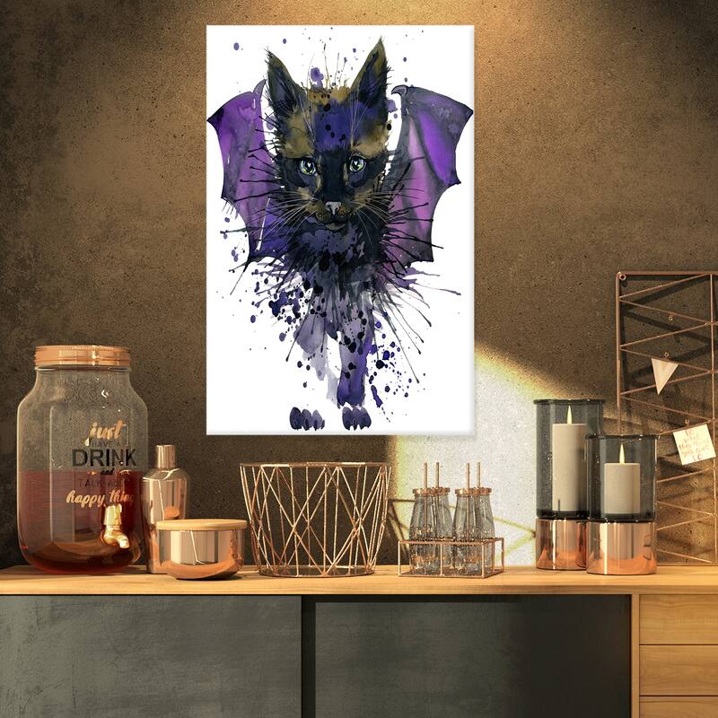 Designart "Black Cat with Blue Wings" Animal Canvas Wall Art - 16 in. wide x 32 in. high
