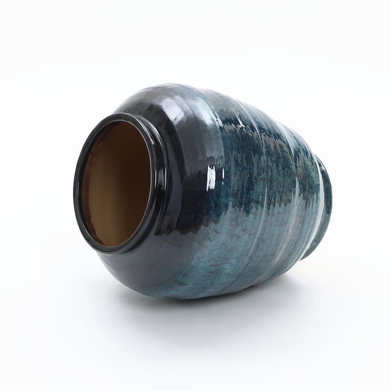 Rippled Blue with Brown Round Ceramic Vase, Home Decor Tabletop & Floor Accent
