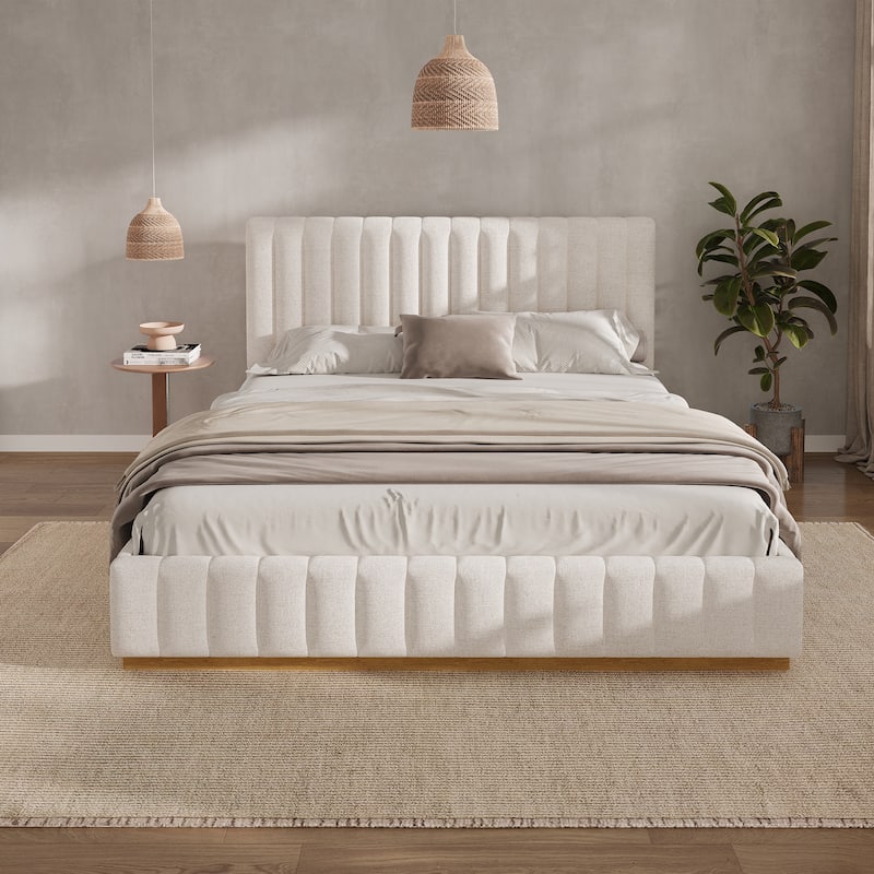 Beige Platform Bed Frame Stripe Linen Thick Upholstered Headboard Footboard, Solid Wooden Base Frame
