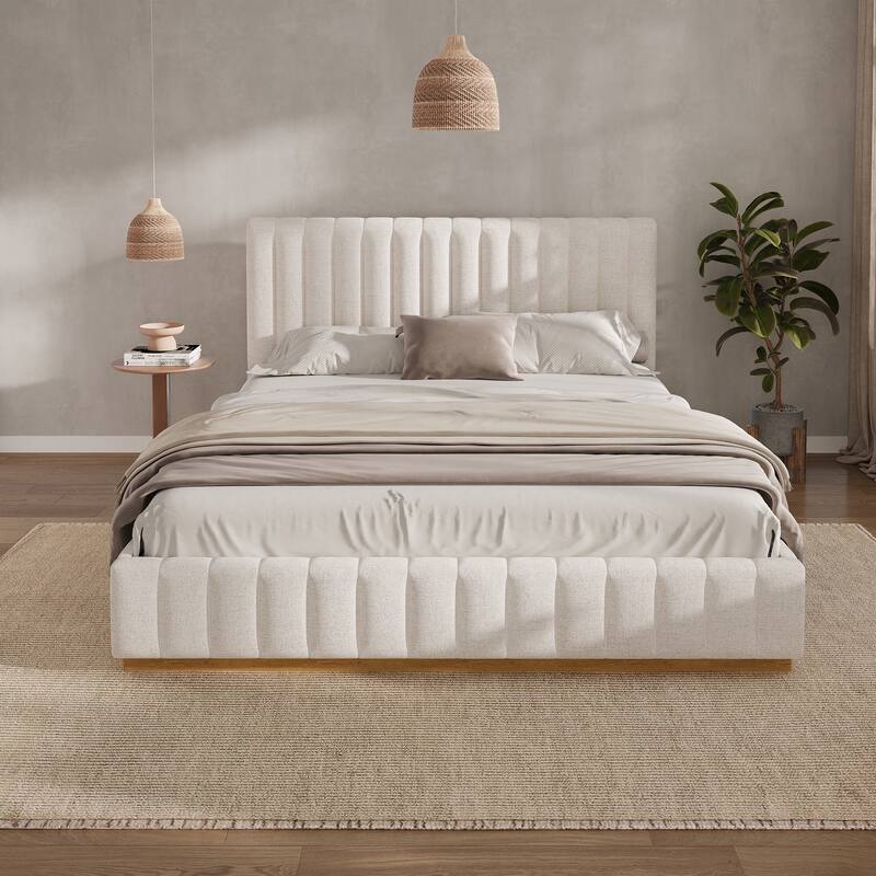 Beige Upholstered Bed with Vertical Stripes Headboard Linen Platform Bed - Beige - King