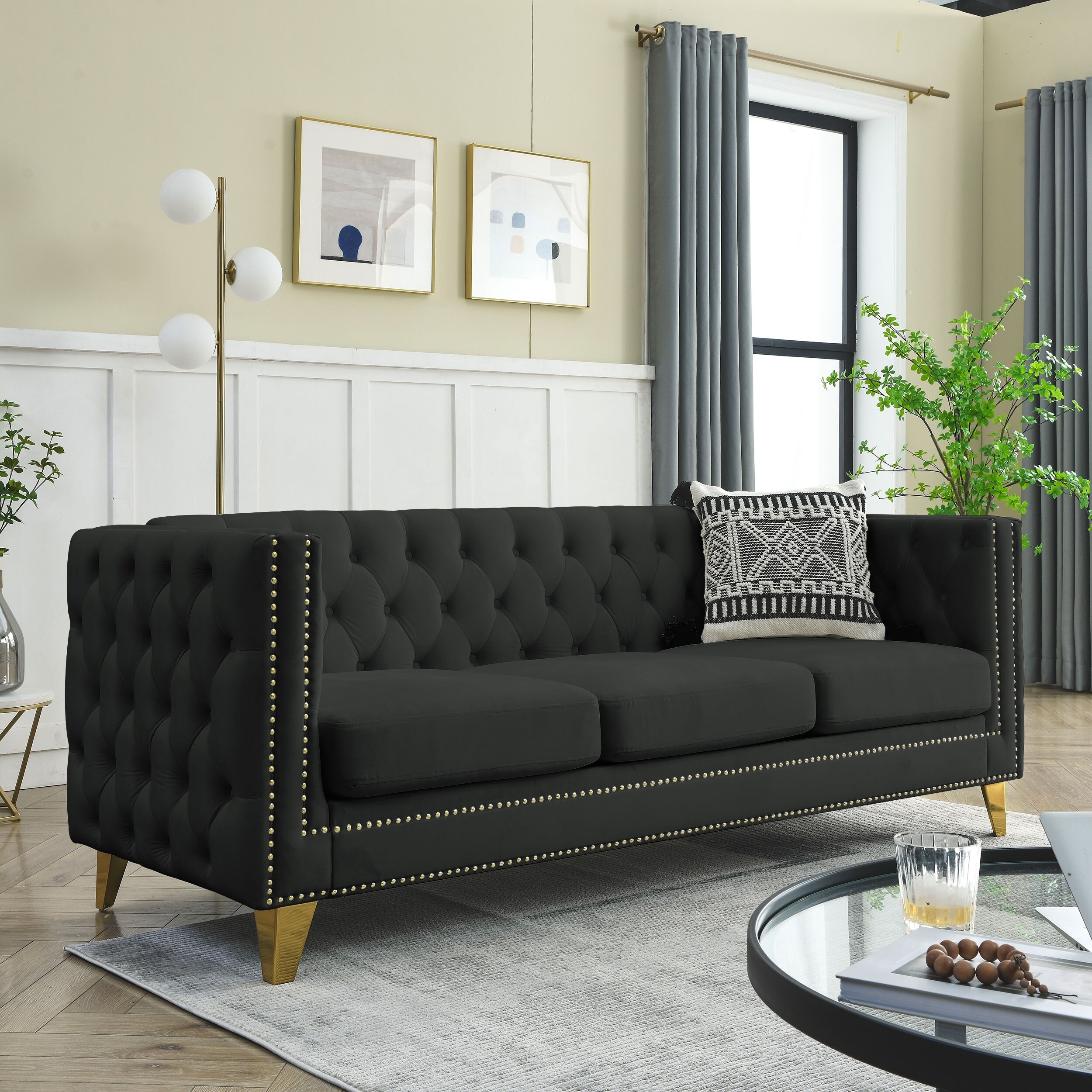 Velvet Upholstered 3 Seat Sofa Classic Chesterfield Couch Buttons Tufted Square Arm Sofa with Nailheads and Metal Legs Bed Bath Beyond 40369776