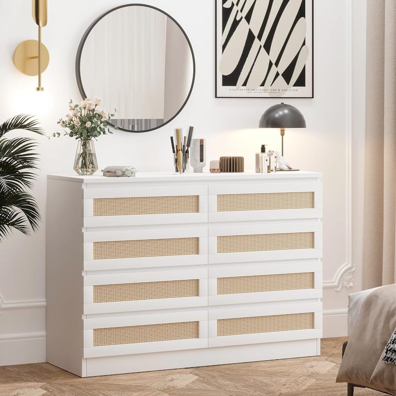 Rattan Dresser for Bedroom, Closet, Wooden Dresser with 8 Drawers, Modern Chest of Drawers with Large Storage