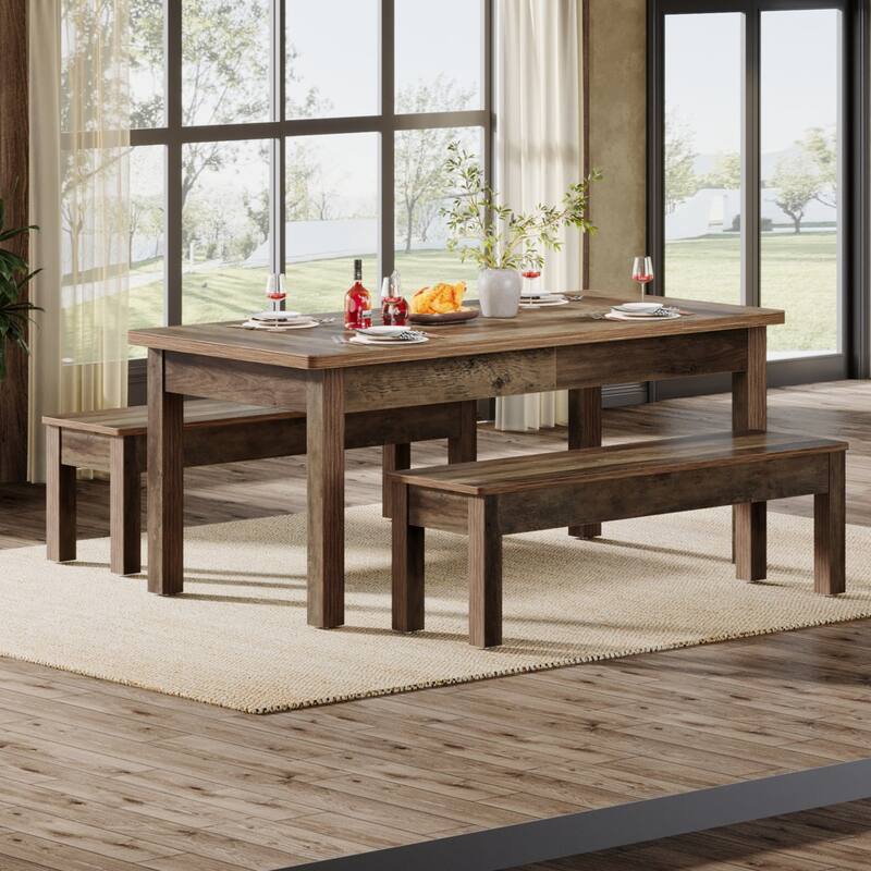 55-Inch Farmhouse Kitchen Table Set, Wood Dining Table with 2 Benches - Wood Color