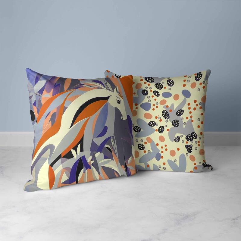 Mythical Horse Faux Suede Reversible Throw Pillow Orange and Blue