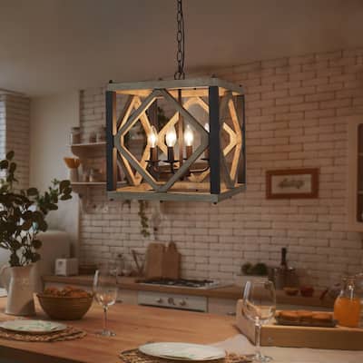 Duull Farmhouse 4-Light Wood Chandelier for Dining Room Kitchen Island - 14" L x 14" W x 17" H