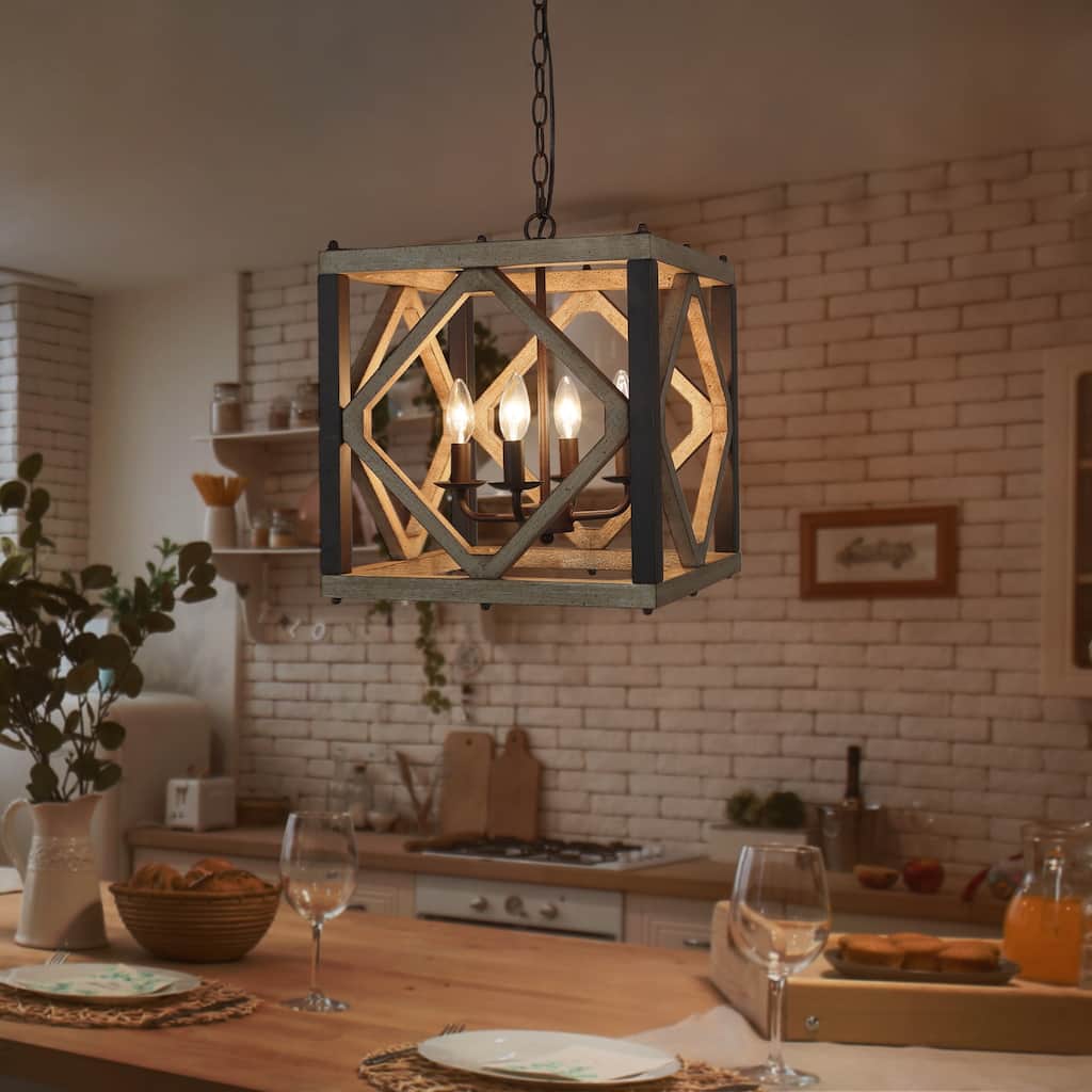 Duull Farmhouse 4-Light Wood Chandelier for Dining Room Kitchen Island - 14" L x 14" W x 17" H