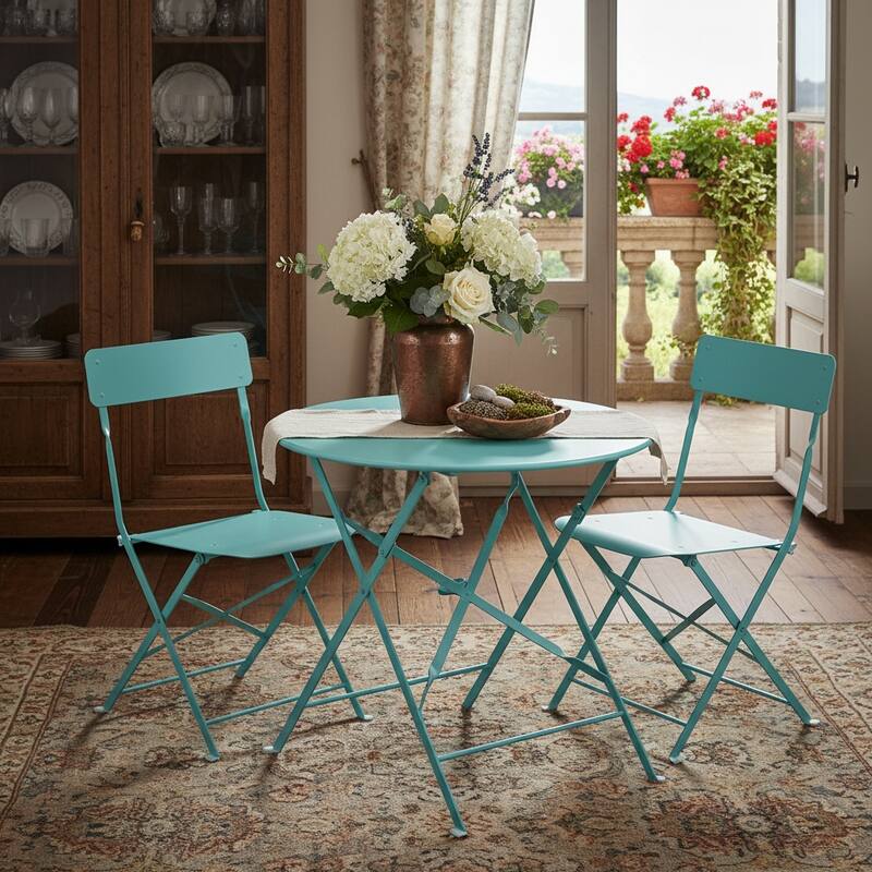 HomeRoots 30" Aqua Rounded Aluminum Folding Outdoor Bistro Table with Umbrella Hole