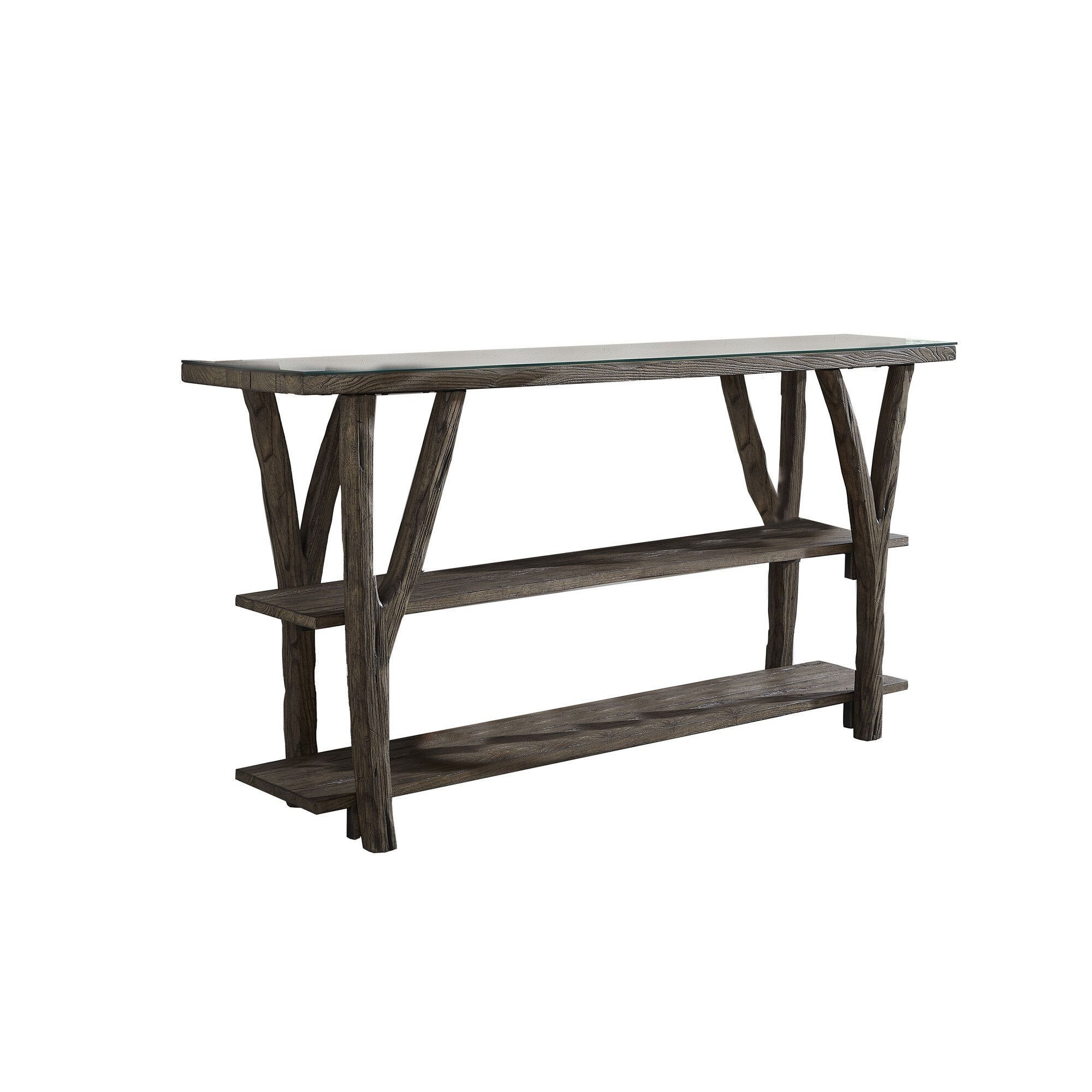 60 Inch Console Table, Glass Top, 2 Open Shelves, Rich Brown Wood Frame - -  38281116