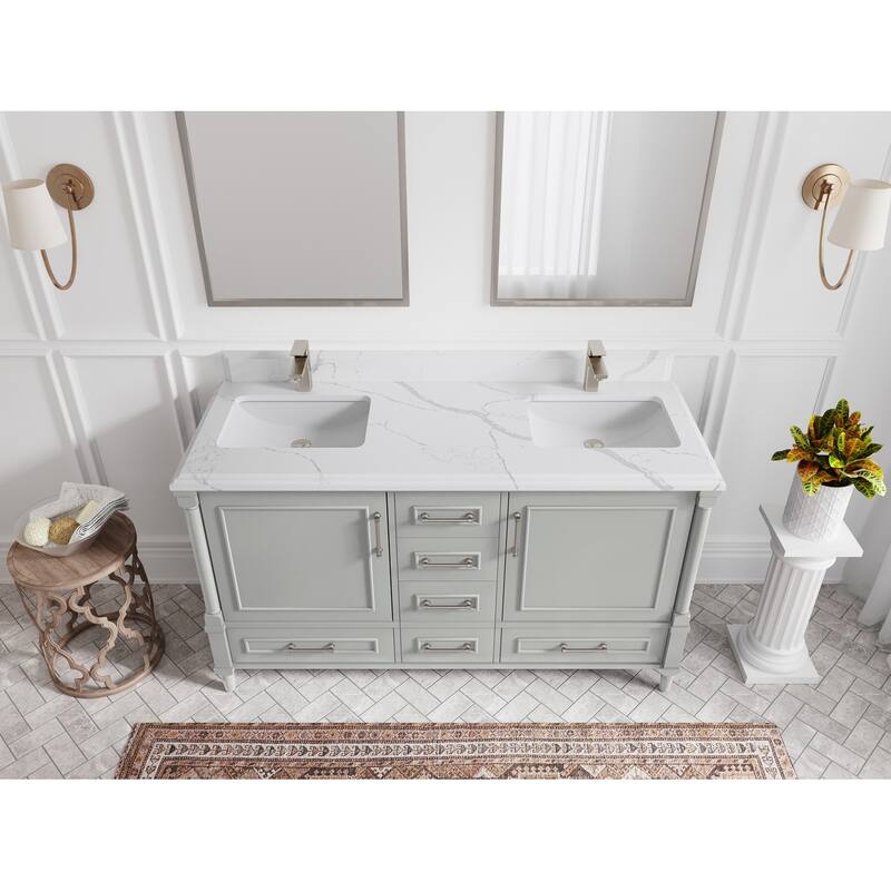 Willow Collections 60 in. W x 22 in. D Aberdeen Double Sink Bathroom Vanity with Countertop - 1.5" Calacatta Laza - Coventry Gray