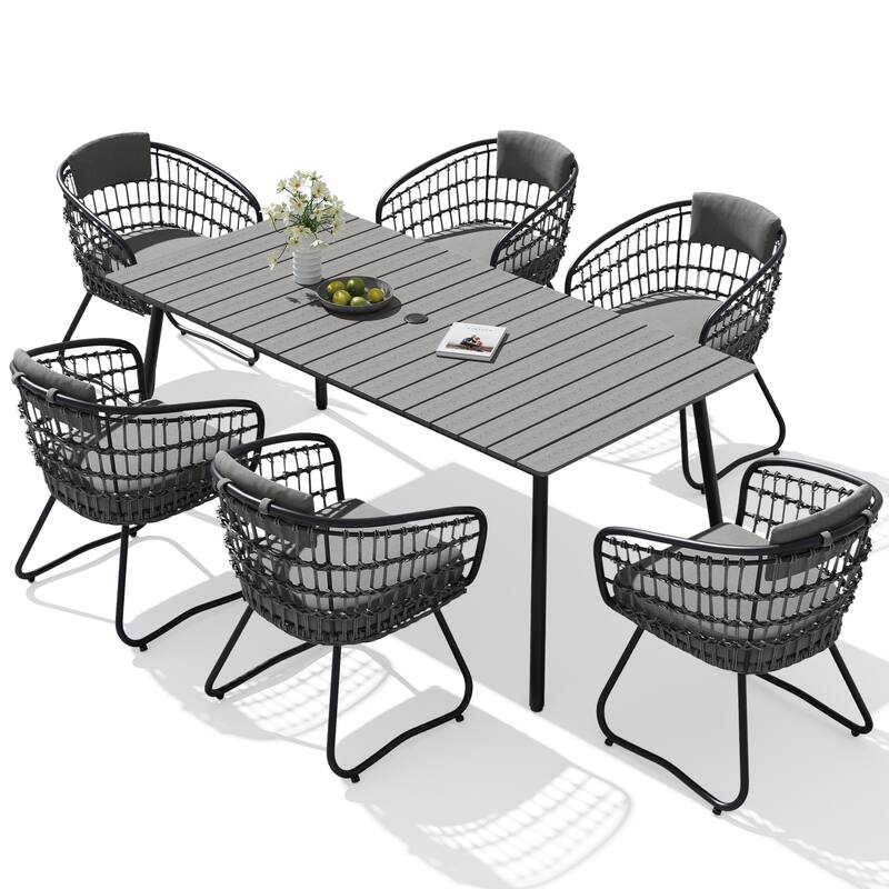 7-Piece Outdoor Patio Dining Set Wood-Like Table Top Alumium Umbrella Hole Table with Rattan Chairs