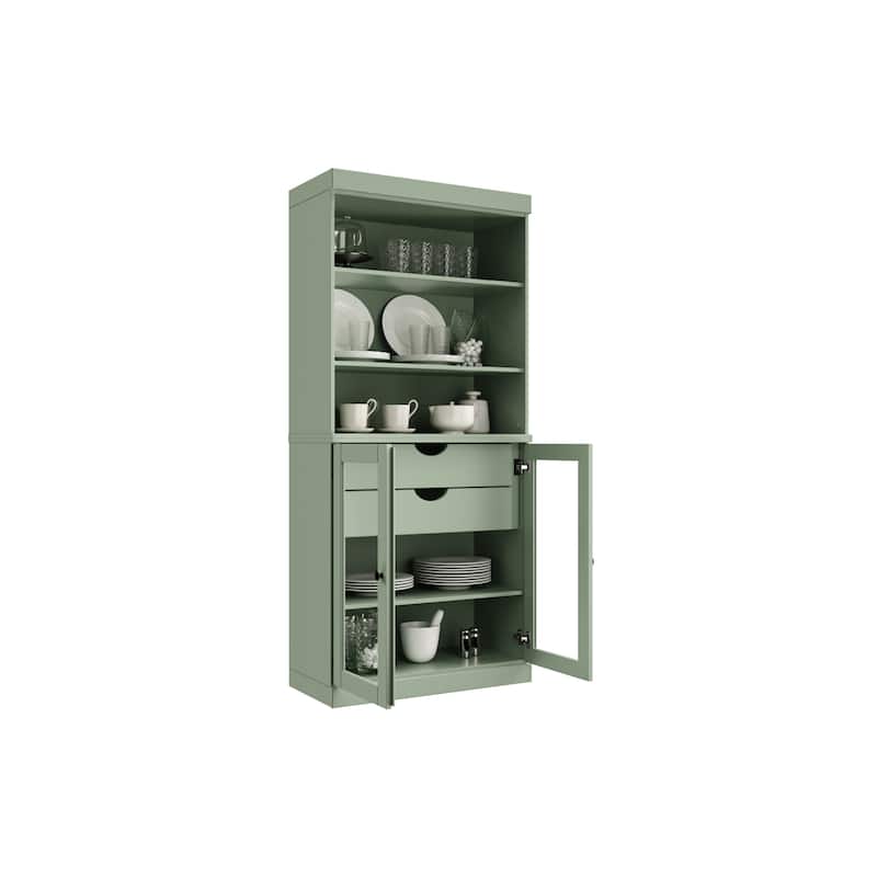 100% Solid Wood Kitchen Pantry Cabinet with 2 Clear Glass or Solid Wood Doors and 2-Drawer Organizer by Palace Imports