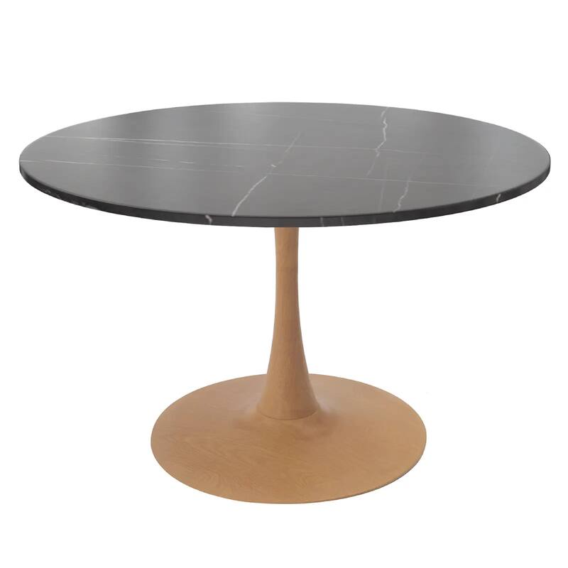 Bristol 31" Round Dining Table with Sintered Stone Top and Natural Wood Steel Pedestal Base for Modern Kitchen and Dining Room - Black