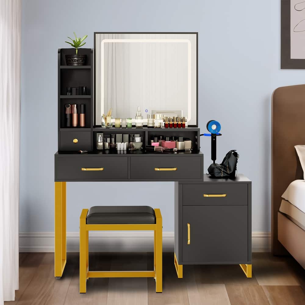 Moasis Vanity Table Set LED Mirror Makeup Desk with Wider Storage Dresser Bedroom - 37.4''L x 15.3''W x 53.9''H