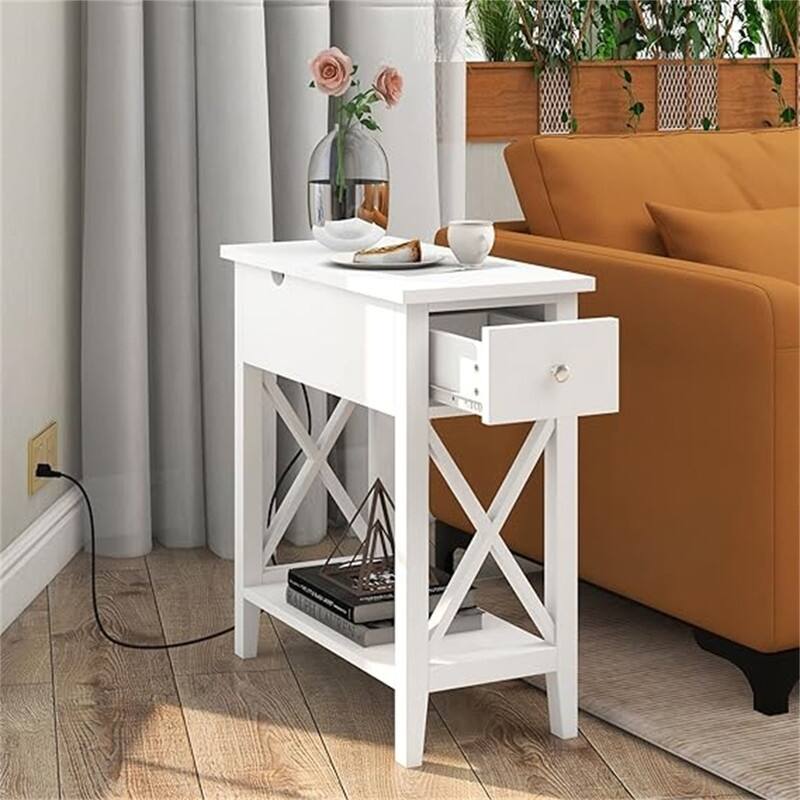 End Table with Flip Top and Charging Station - White With Power Outlets