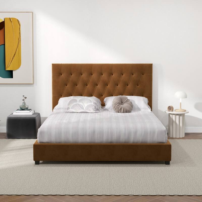 Donald Mid Century Modern Cognac Velvet Platform Bed