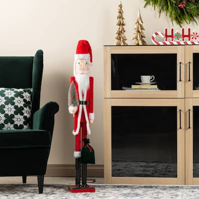 Glitzhome 42"H Wooden Santa Claus with Christmas Tree Nutcracker Figurine
