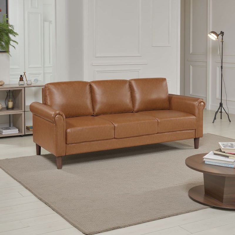 Lo Sofa w Rolled Arms, Mid Century Brown Faux Leather 79 Inch