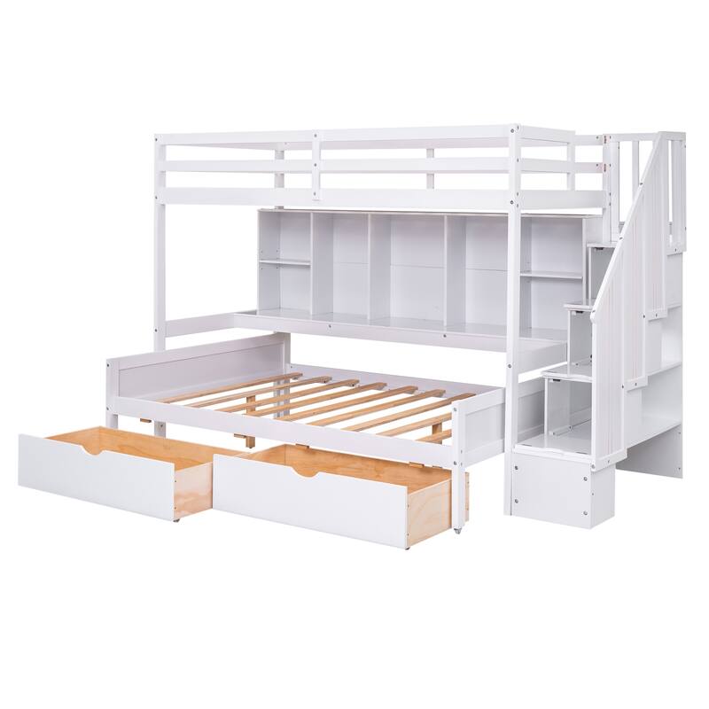 Twin Over Full Size Bunk Bed with Builtin Storage Shelves, Drawers and