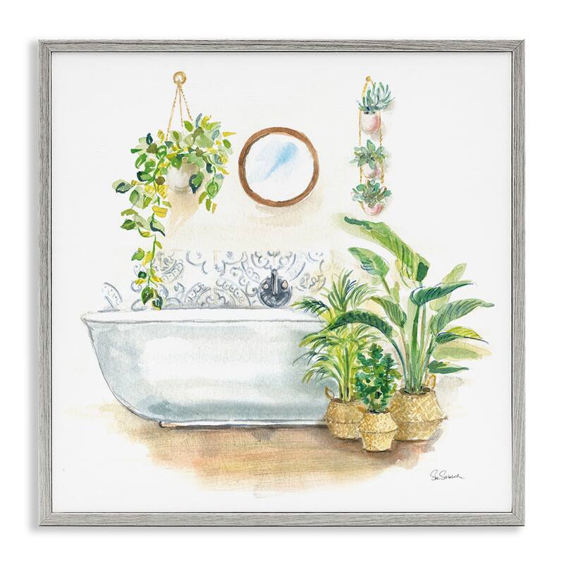 Stupell Serene Bathroom Interior with Greenery Plants Painting Framed Wall Art - 24 x 24 - Grey