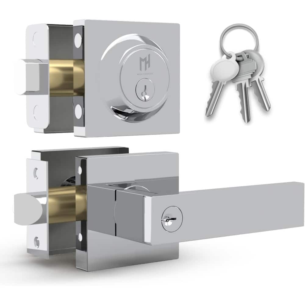 Mega Handles ROBELL Square Entry Lever and Deadbolt Combo | Front Door Lock Set | Modern Stainless Steel | Keyed Door Lever