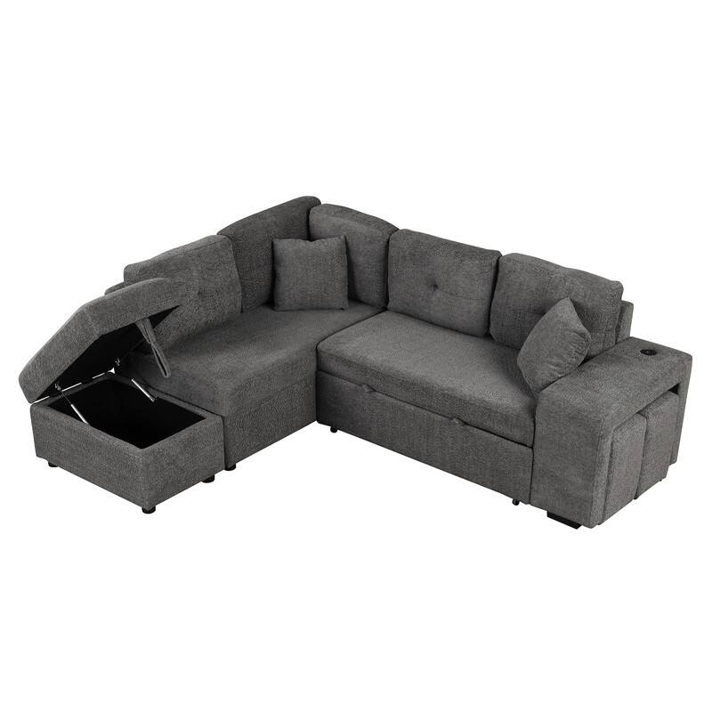 87.7" Modern Sectional Sofa with Pull Out Bed, Convertible Sleeper Sofa with Storage Ottoman,Stools and Pillows