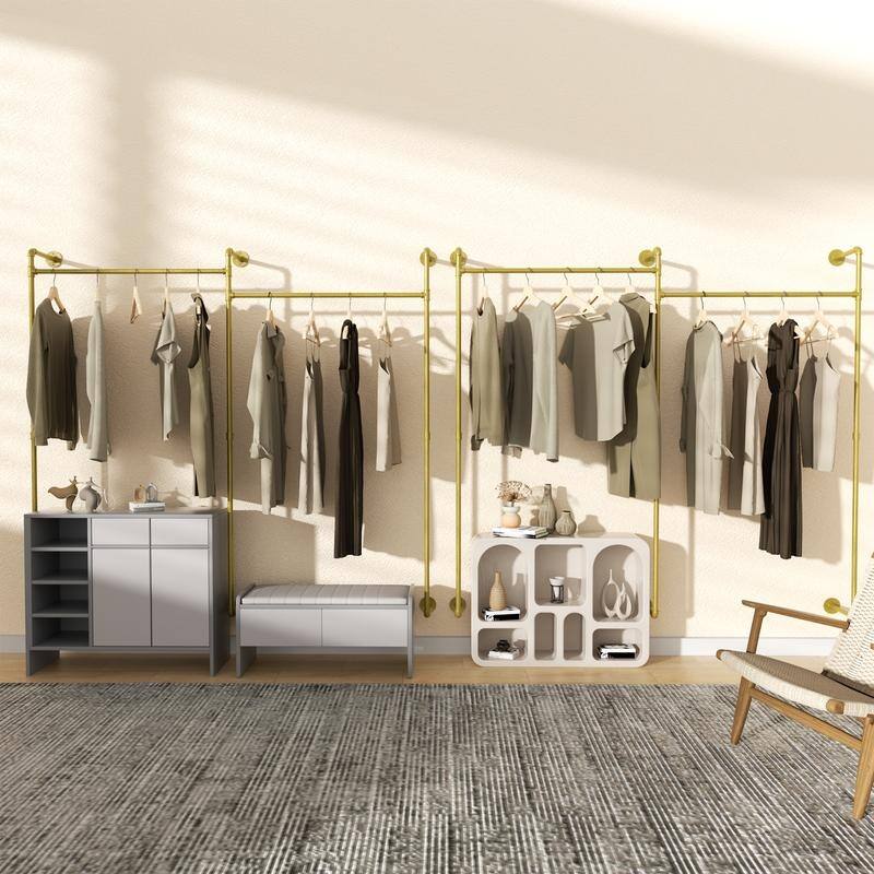 Industrial Pipe Clothes Rack Wall Mounted Iron Garment Bar for Closet Storage - 80.7x74.8 inch