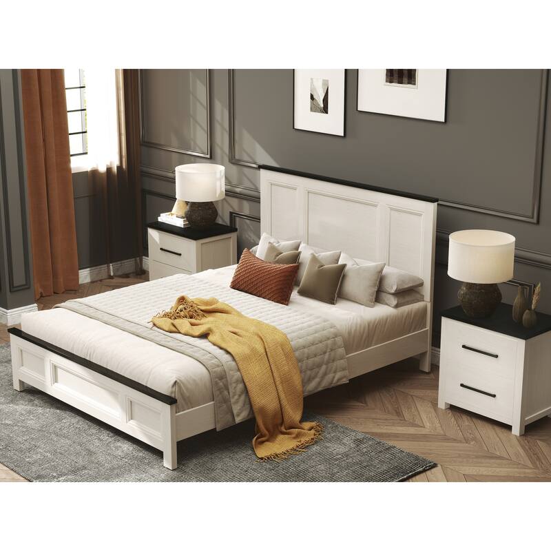 Roundhill Furniture Realynn 5-Piece Wood Bedroom Set, Panel Bed with Dresser, Mirror, and 2 Nightstands, Off-White Finish