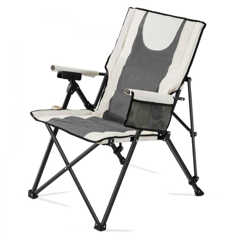 Beige-Grey High-Back Folding Camping Chair with Cotton-Padded Oxford Fabricand Adjustable Recline - 22.83” x 32.67” x 55.11”