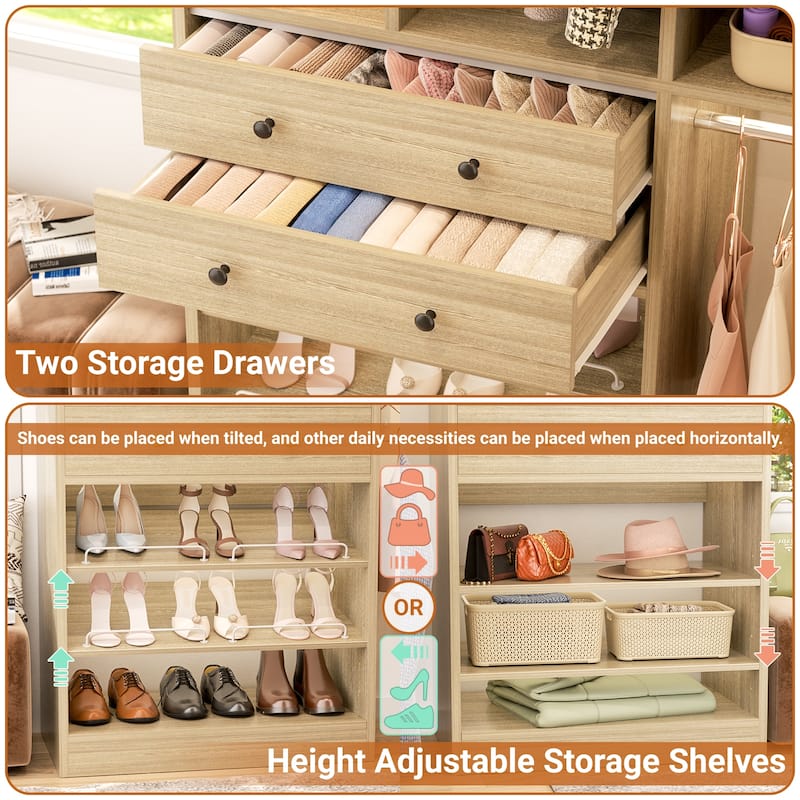 Grimm 5FT Small Closet System with Drawers, 60" Closet Organizer System with Reversible Hanging Shelving