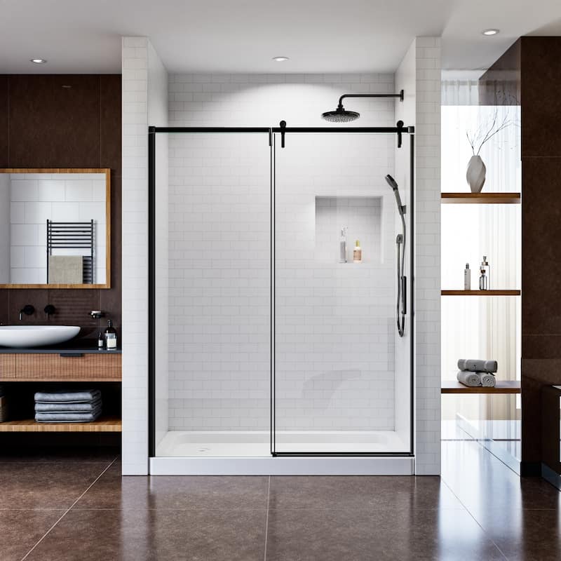 Modland 48''/60''W x 76''H Matte Black Sliding Shower Door, Adjustable Semi-Frameless Enclosure, 1/4" ANSI Glass, Soft-Close