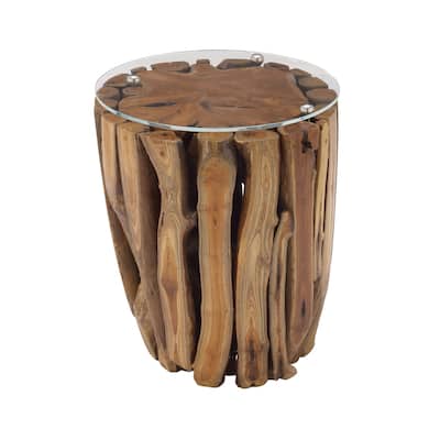 Teak Wood Handmade Live Edge Tree Branch Accent Table with Clear Glass Top - Brown - Roche River Decor - 16"Wx16"Lx18"H