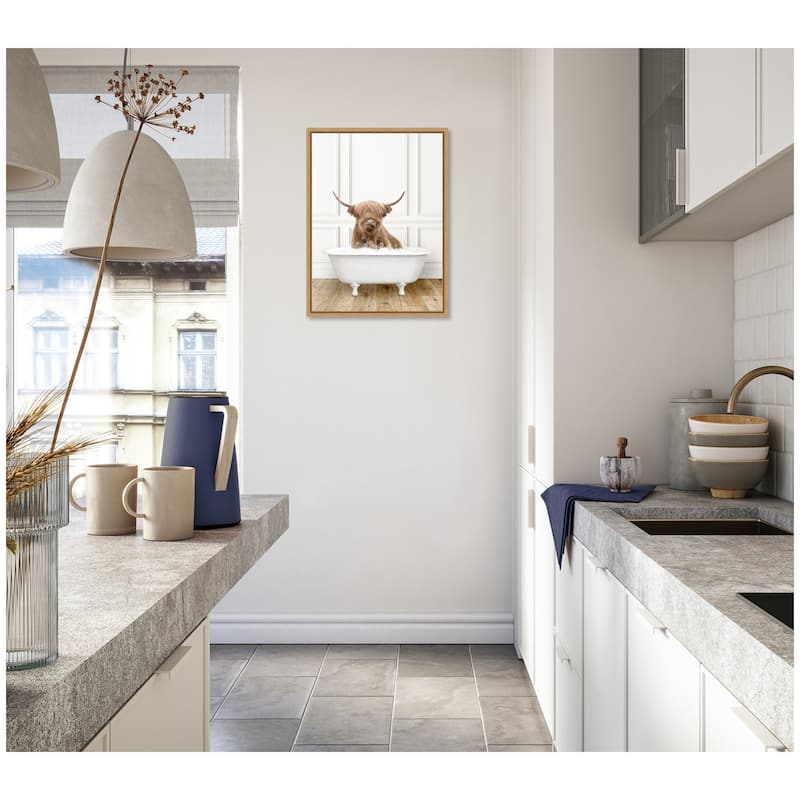 Kate and Laurel Sylvie Highland Cow in Traditional Vintage Bathtub Framed Canvas by Amy Peterson