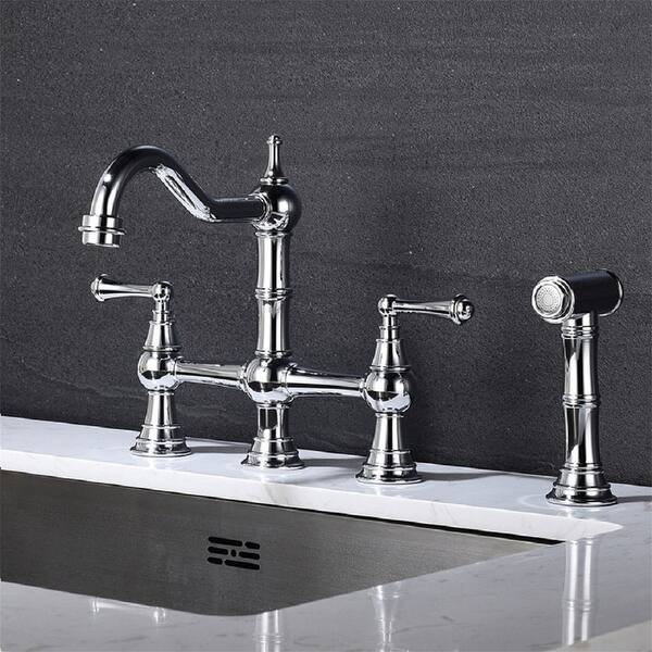 slide 1 of 8, Bridge Dual Handles Kitchen Faucet With Pull-Out Side Spray,Silver