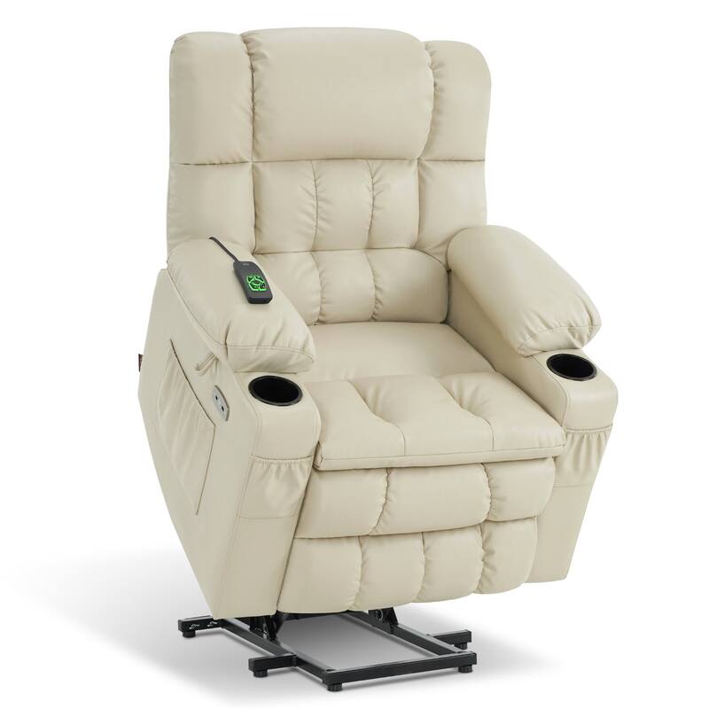 MCombo Dual Motor Small Power Lift Recliner Chair for Elderly, Lay Flat Lift Chair with Heat and Massage, Faux Leather 7893 - Cream White
