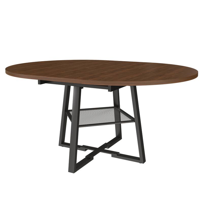 Extendable Round Dining Table, Kitchen Table with Open Wire Grid Shelf, Meeting Table for 4-8 People