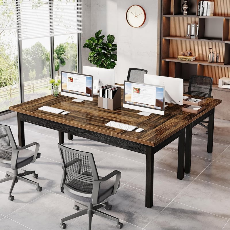 63" Executive Office Desk - Rustic Computer Table with Thick Wood Top, Large Writing Desk with Metal Frame & Back Splash