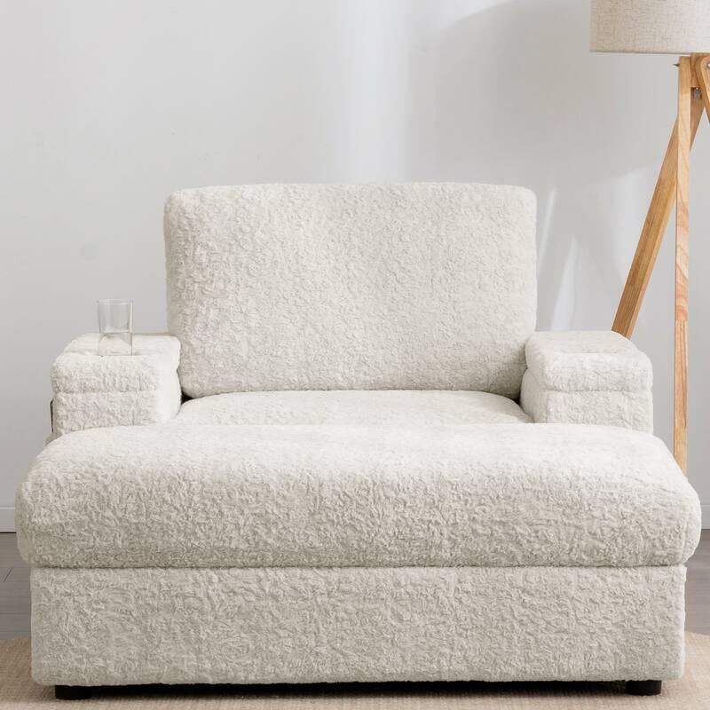 Roomfitters Oversized Chaise Lounge Sofa Bed with Ottoman, Faux Fur Sleeper Chair with Cup Holders