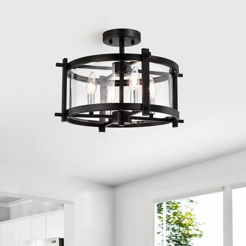 Sania Matte Black 4-Light Caged Clear Glass Shade Semi-Flush Mount